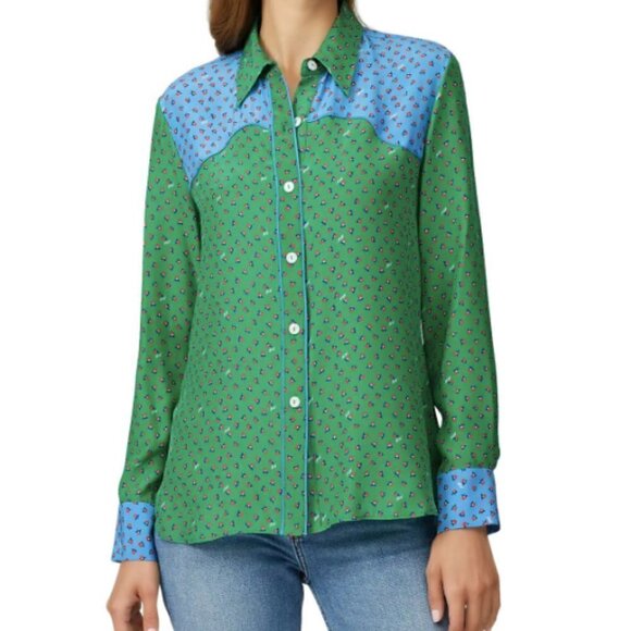 Tender Loving Care by HVN Kate Western Top in Green & Blue sz L - Picture 1 of 7